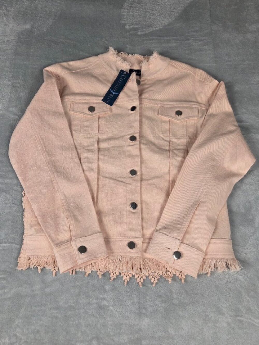 NWT Celestial Blue Womens Peach Pink Denim Jacket Medium Crochet Lace Fringe Raw